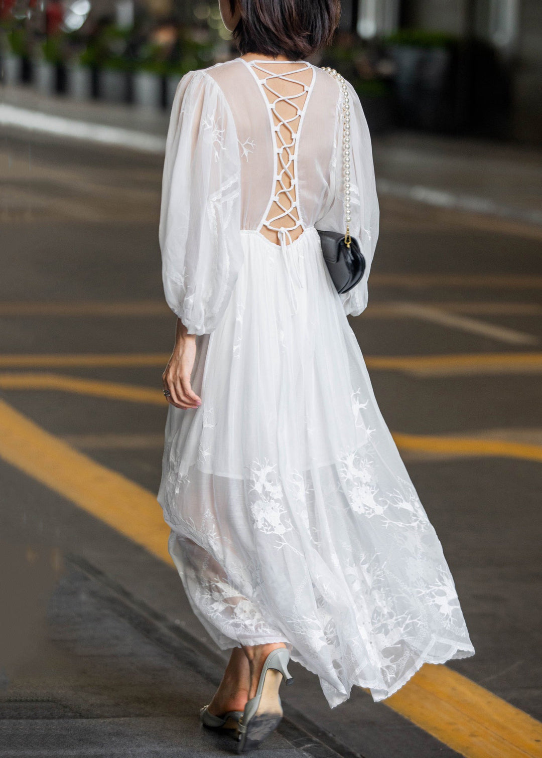 New White Lace Embroidered Lace Up Chiffon Long Dress Fall