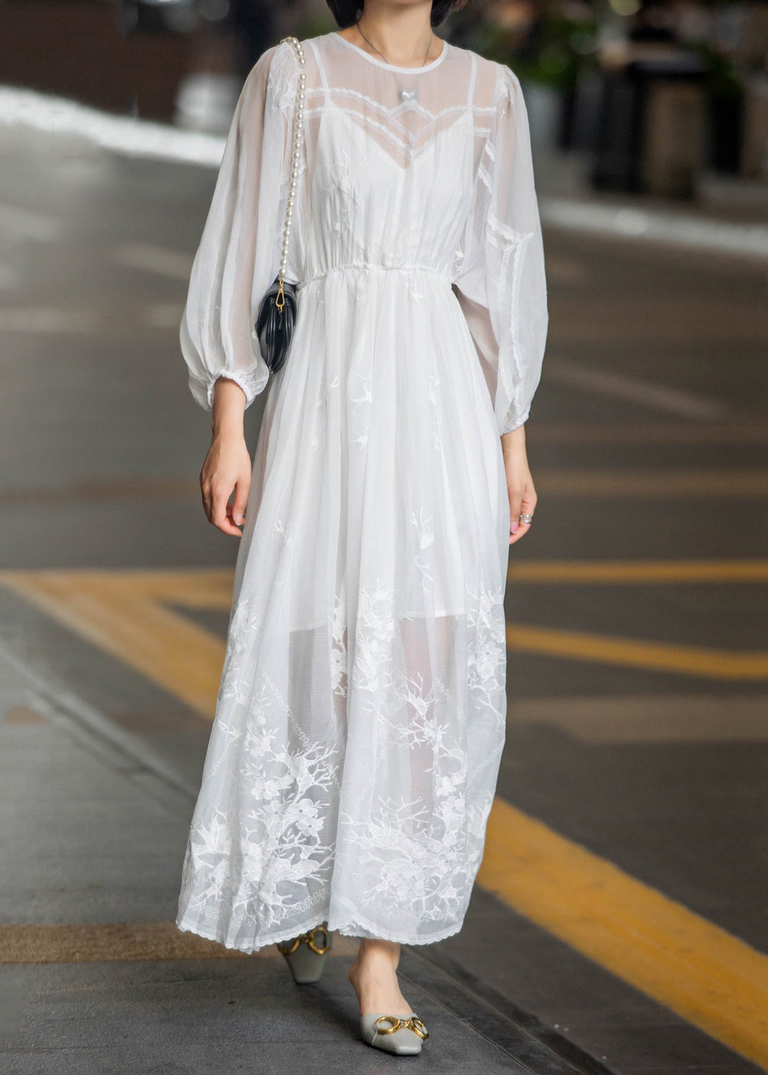 New White Lace Embroidered Lace Up Chiffon Long Dress Fall