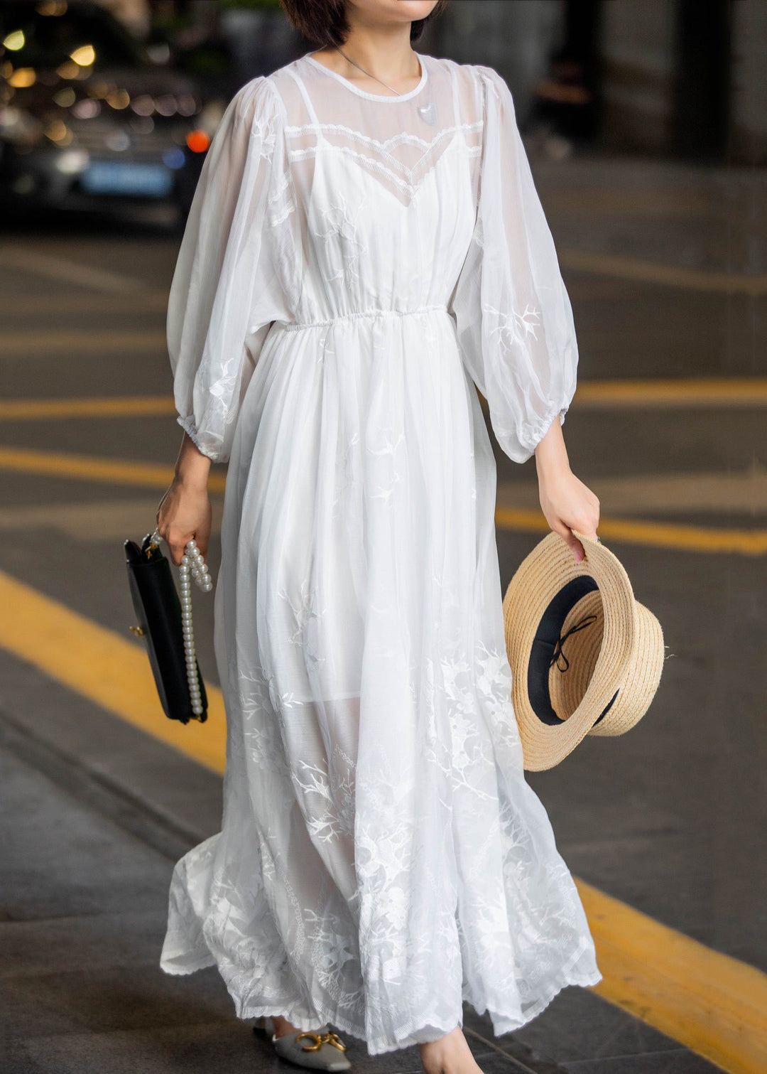 New White Lace Embroidered Lace Up Chiffon Long Dress Fall