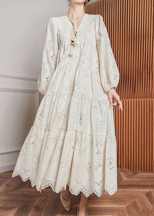 New White Lace Up Hollow Out Cotton Dress Long Sleeve