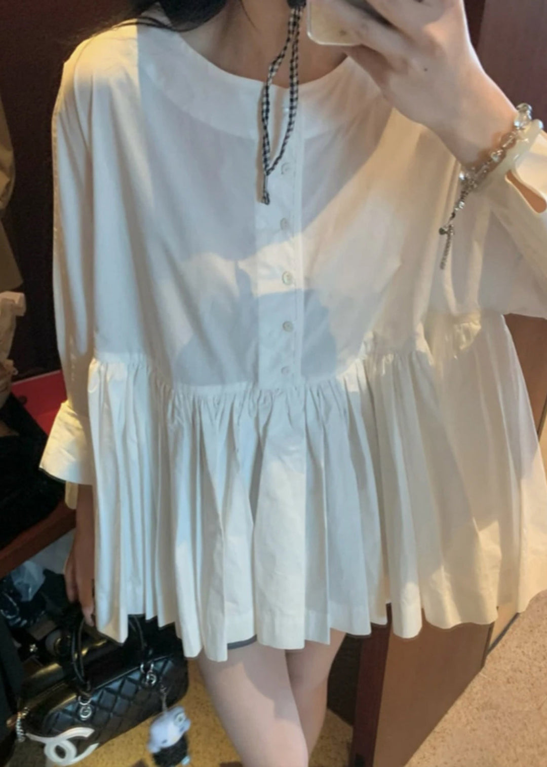 New White O Neck Button Wrinkled Cotton Shirt Fall