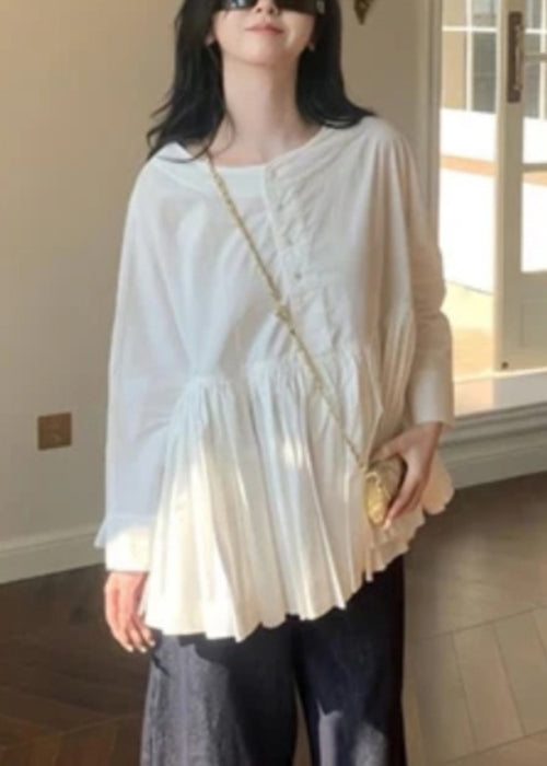 New White O Neck Button Wrinkled Cotton Shirt Fall