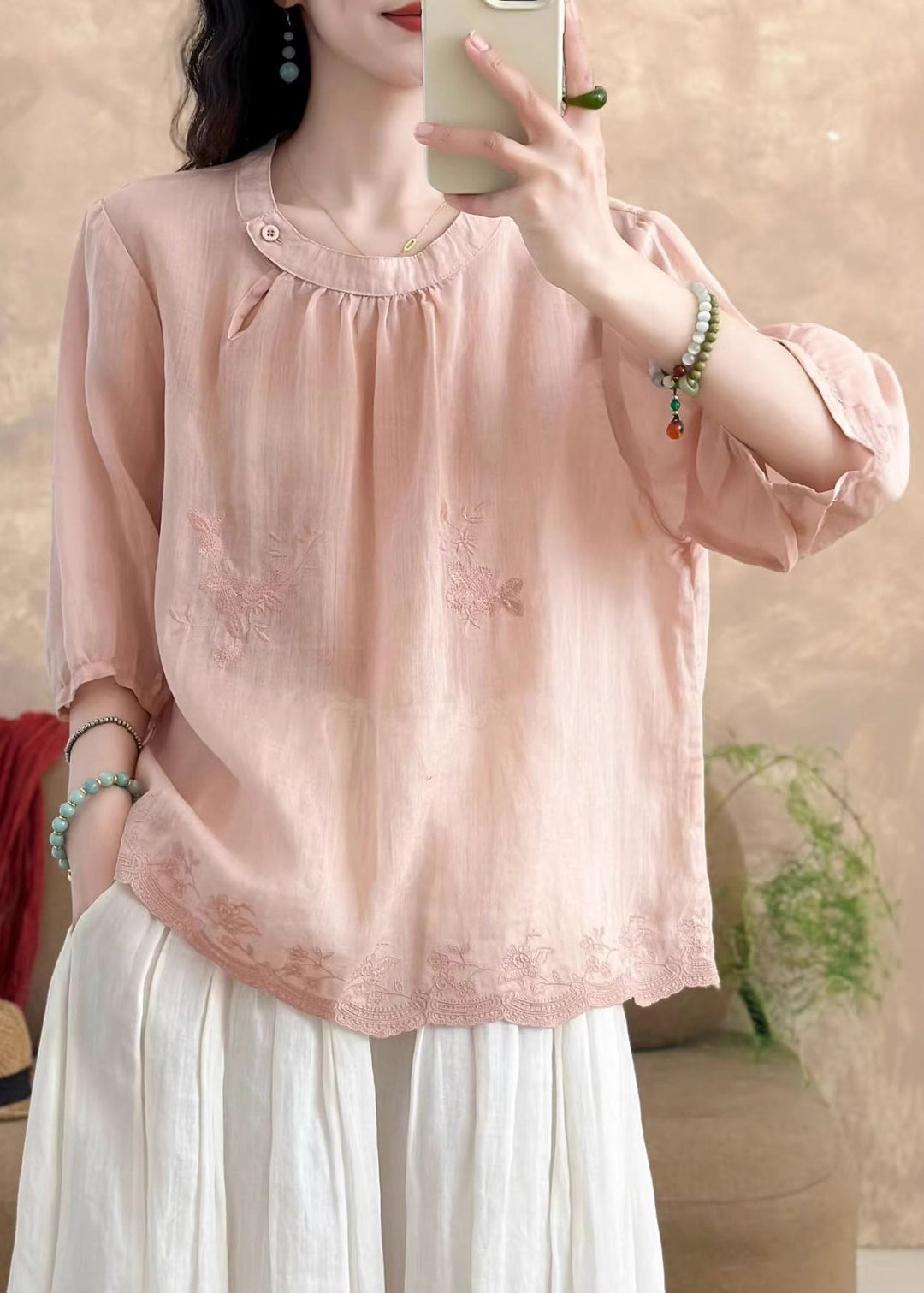 New White O-Neck Embroidered Linen T Shirt Tops Summer