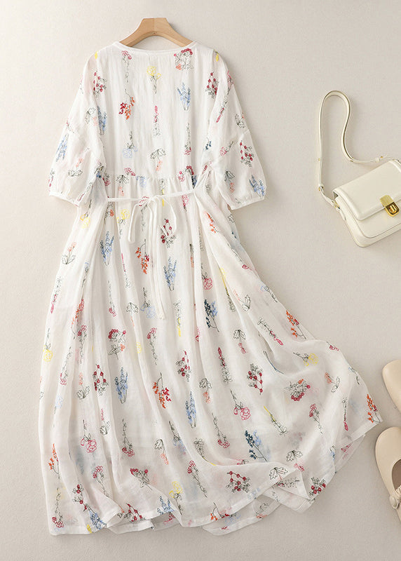 New White O-Neck Lace Up Cotton Dresses Half Sleeve