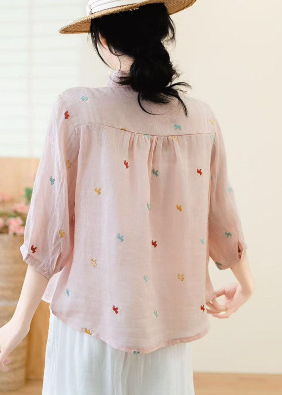 New White Peter Pan Collar Embroidered Linen Shirt Tops Summer