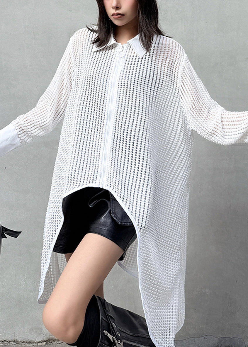 New White Peter Pan Collar Hollow Out Cotton Asymmetrical Top Summer