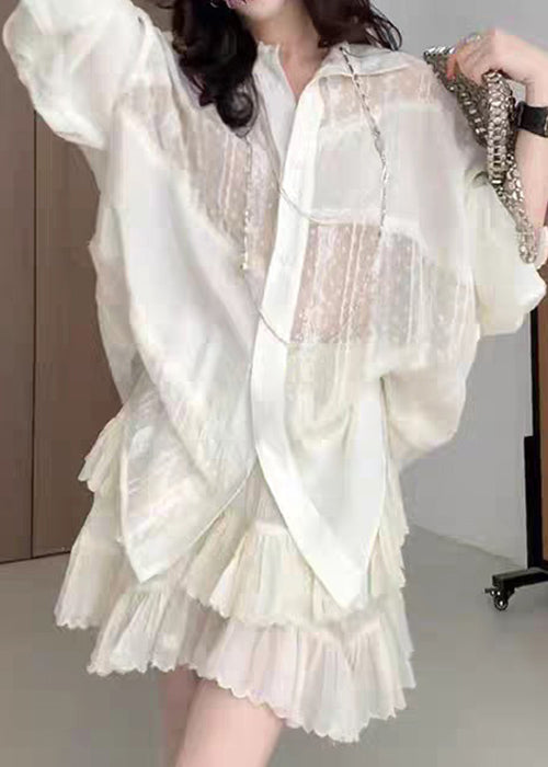 New White Peter Pan Collar Patchwork Shirts And Skirts Cotton Two Pieces Set Fall