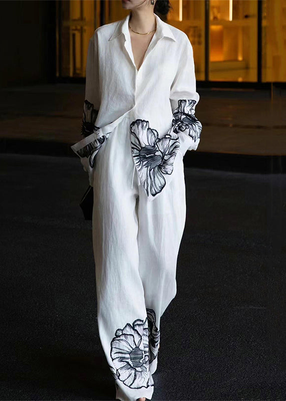 New White Peter Pan Collar Print Linen Two Piece Set Fall