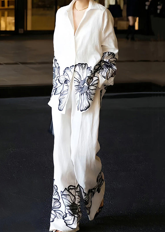 New White Peter Pan Collar Print Linen Two Piece Set Fall