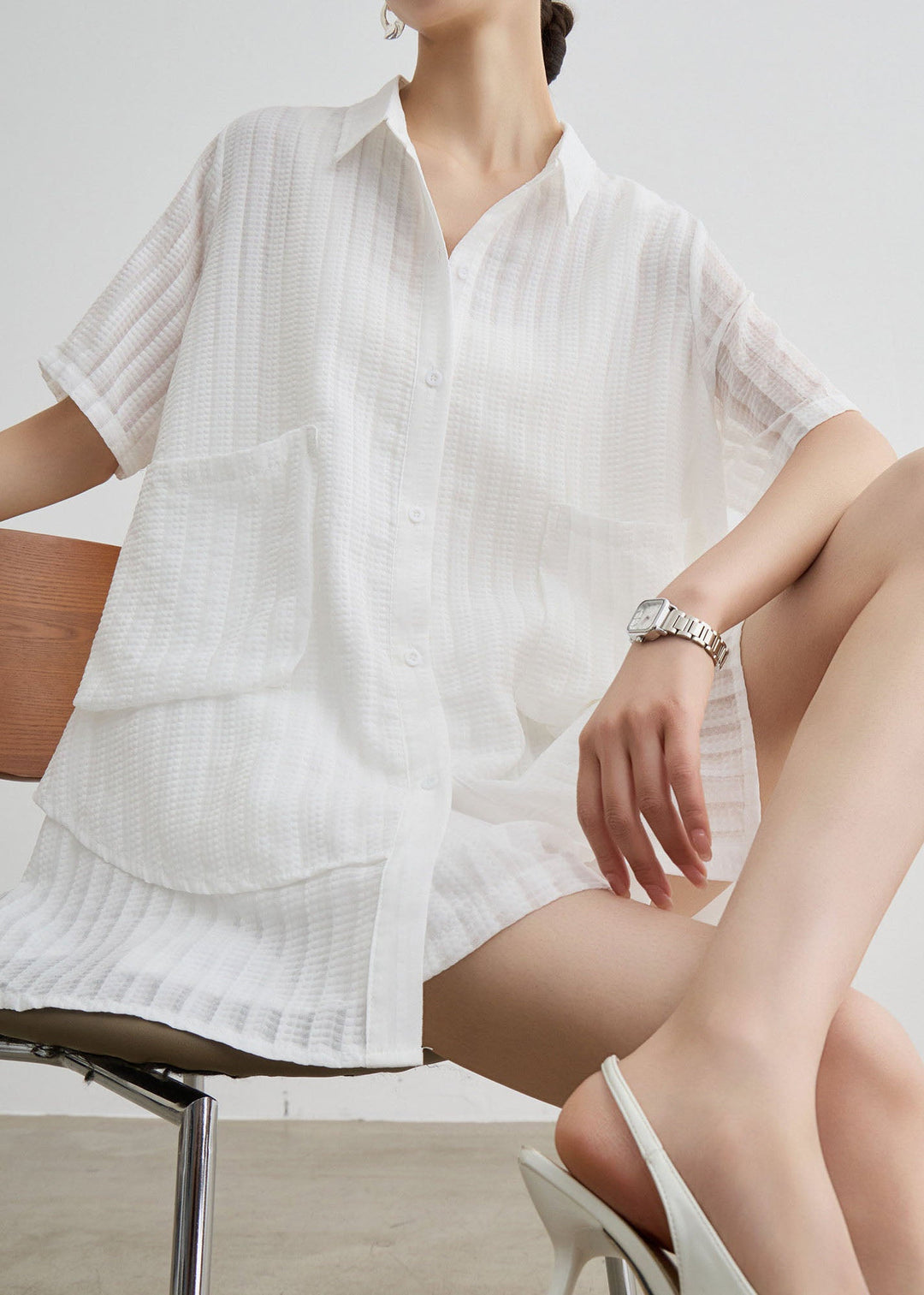 New White Peter Pan Collar Striped Cotton Two Piece Suit Set Summer