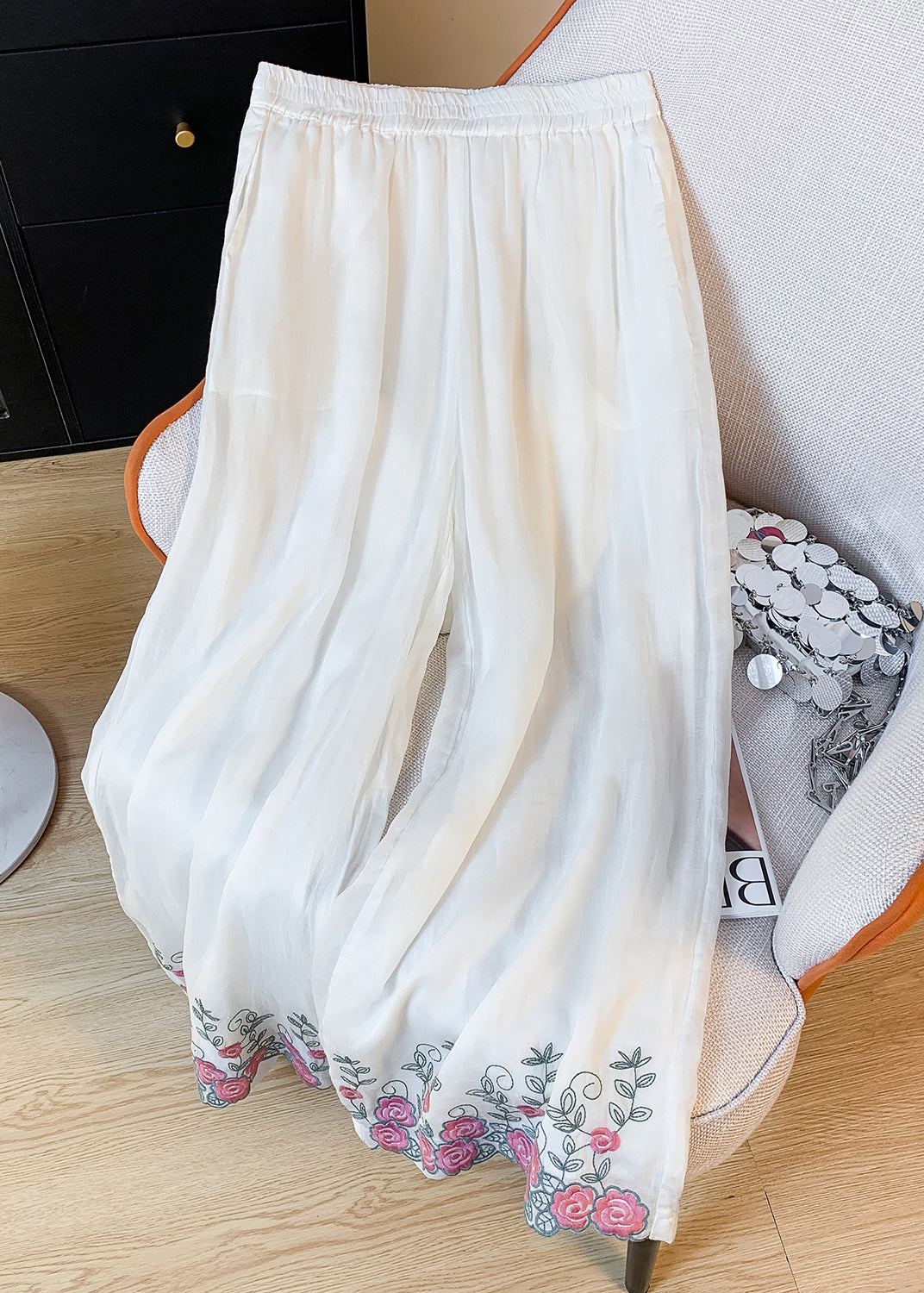 New White Pockets Elastic Waist Elastic Waist Linen Crop Pants