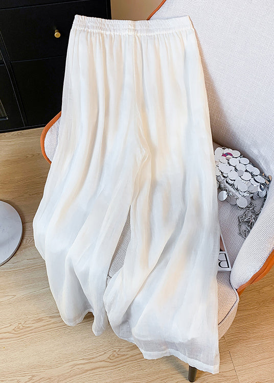 New White Pockets Elastic Waist Elastic Waist Linen Crop Pants