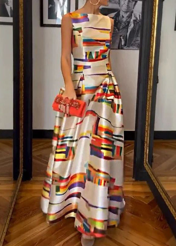 New White Print High Waist Silk Long Dress Sleeveless