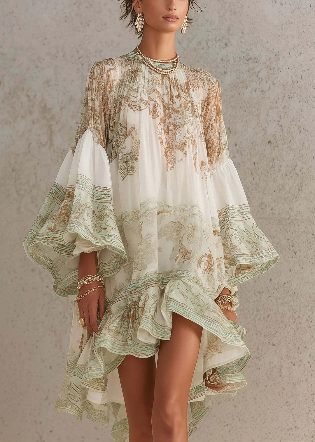 New White Print Ruffled Patchwork Chiffon Mid Dress Summer