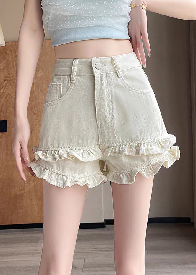 New White Ruffled Pockets Denim Shorts Summer