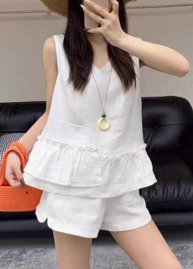 New White Ruffled Pockets Solid Linen Two Pieces Set Summer