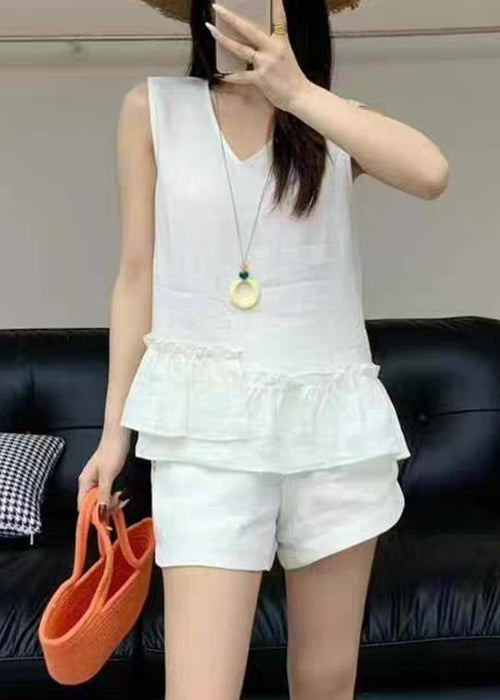New White Ruffled Pockets Solid Linen Two Pieces Set Summer