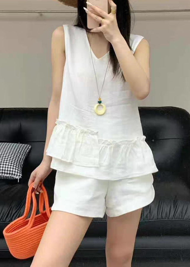 New White Ruffled Pockets Solid Linen Two Pieces Set Summer