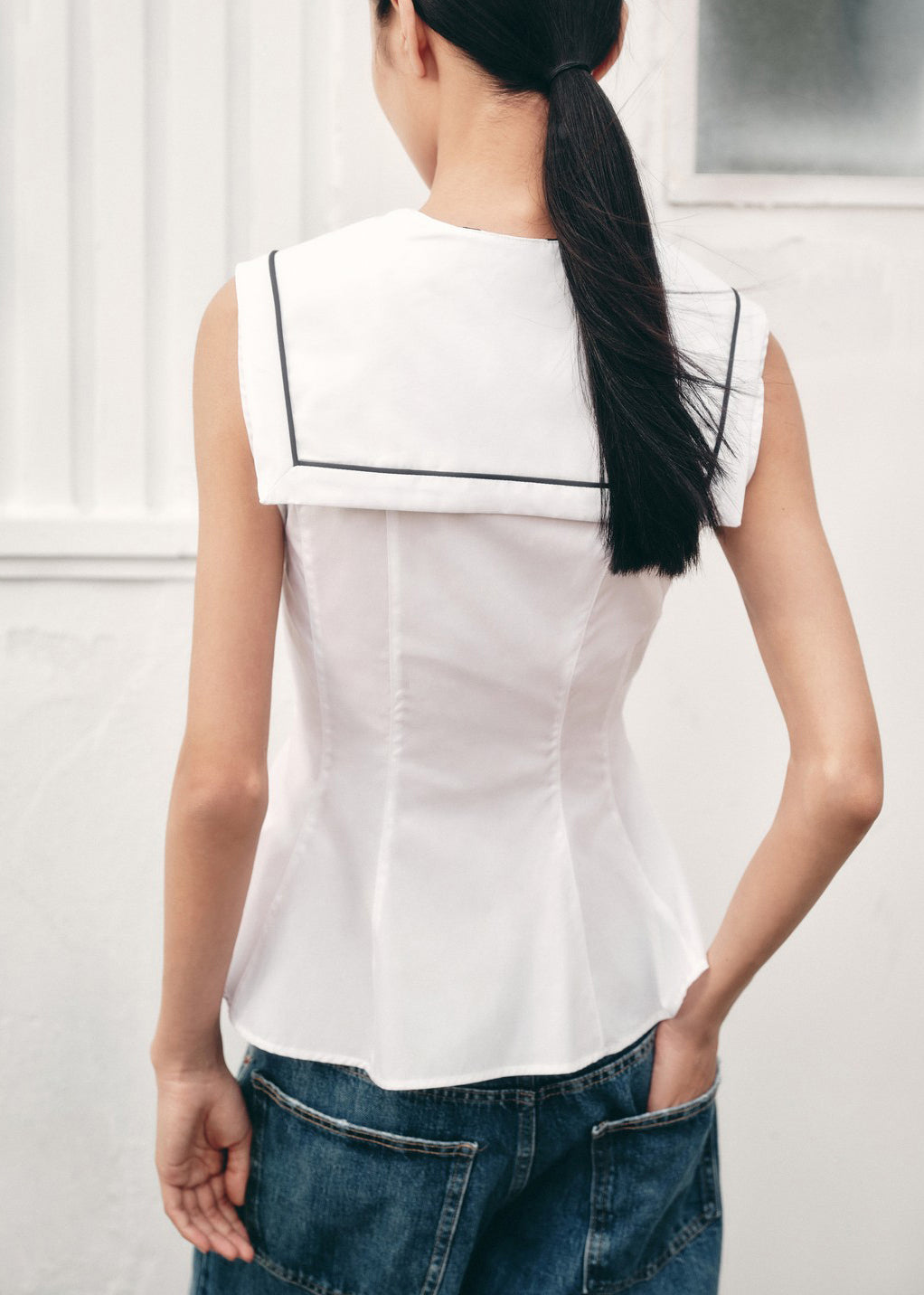 New White Sailor Collar Bow Cotton Shirt Sleeveless