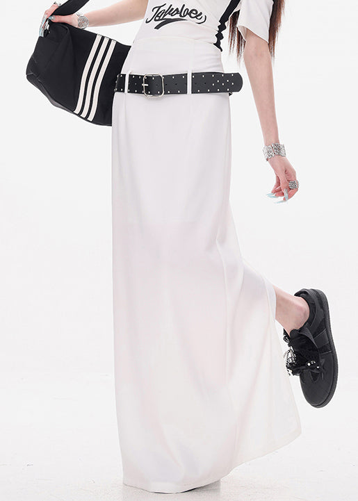 New White Sashes Back Side Open Cotton Skirt Summer