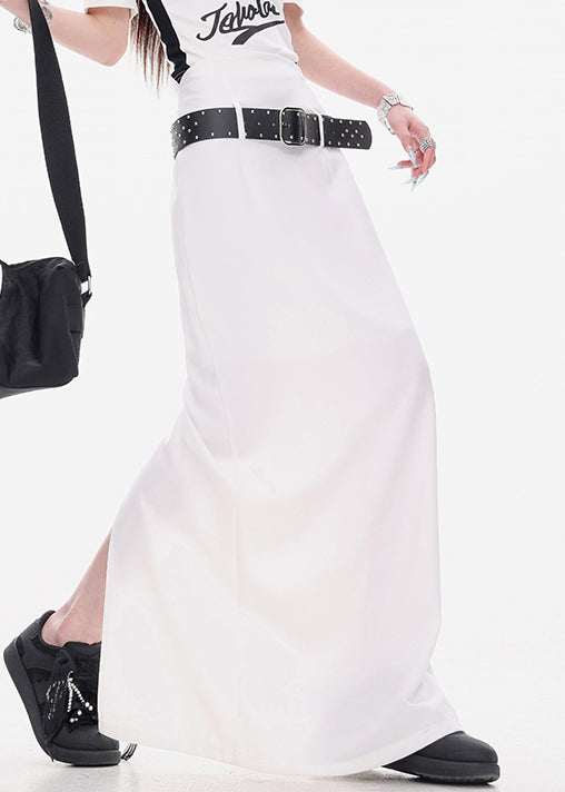 New White Sashes Back Side Open Cotton Skirt Summer