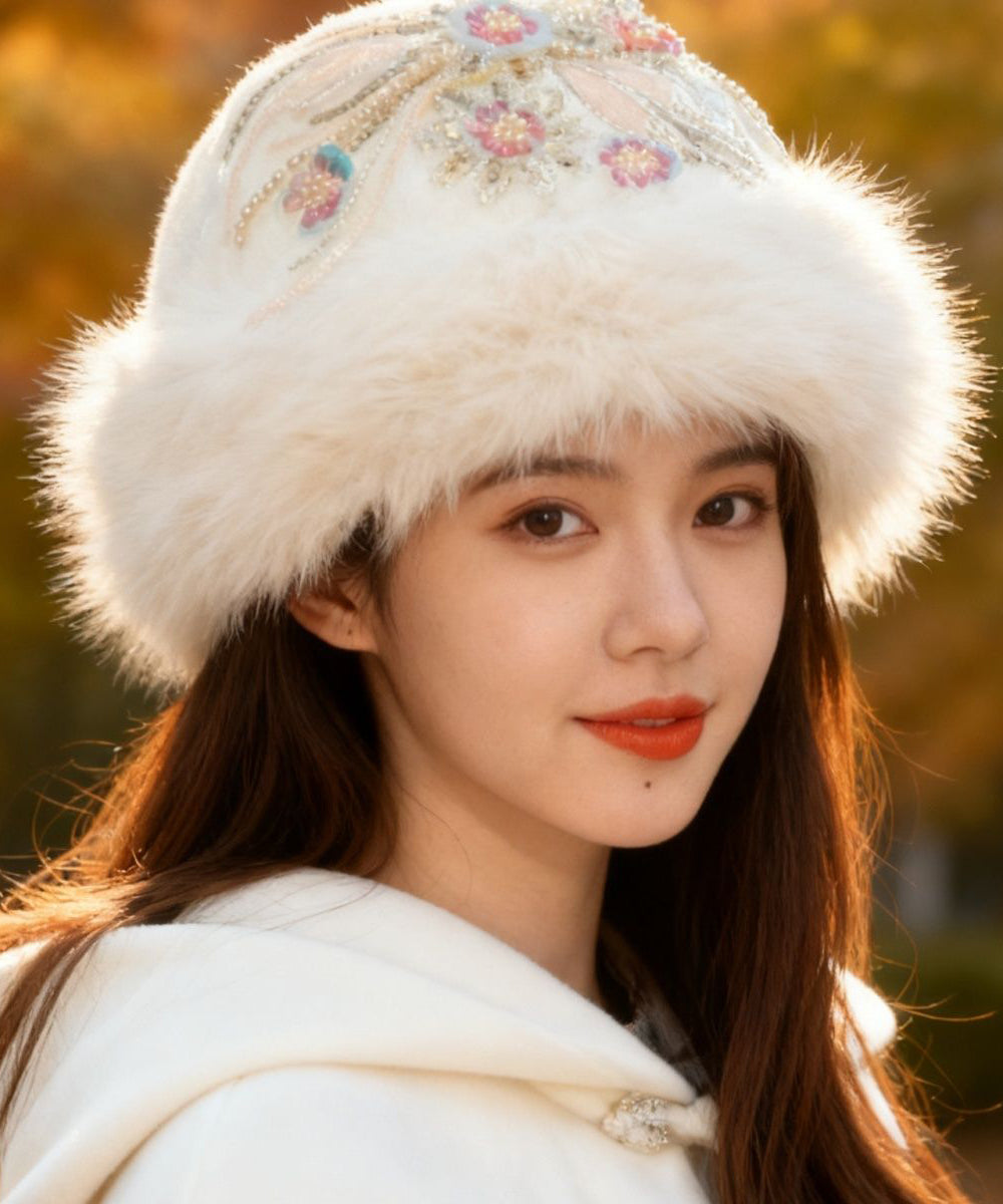 New White Sequins Nail Bead Fuzzy Fur Fluffy Bucket Hat