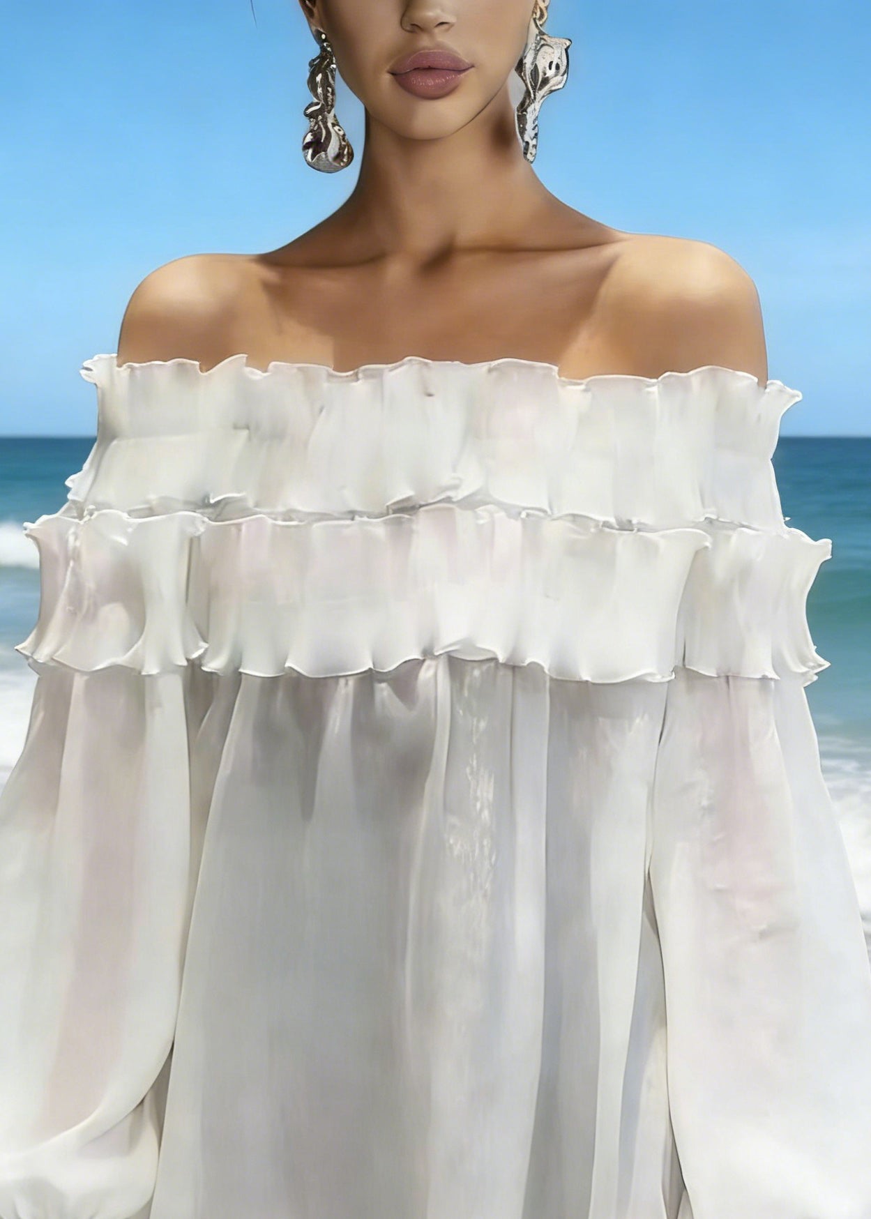 New White Slash Neck Ruffled Solid Chiffon Shirts Spring - Omychic
