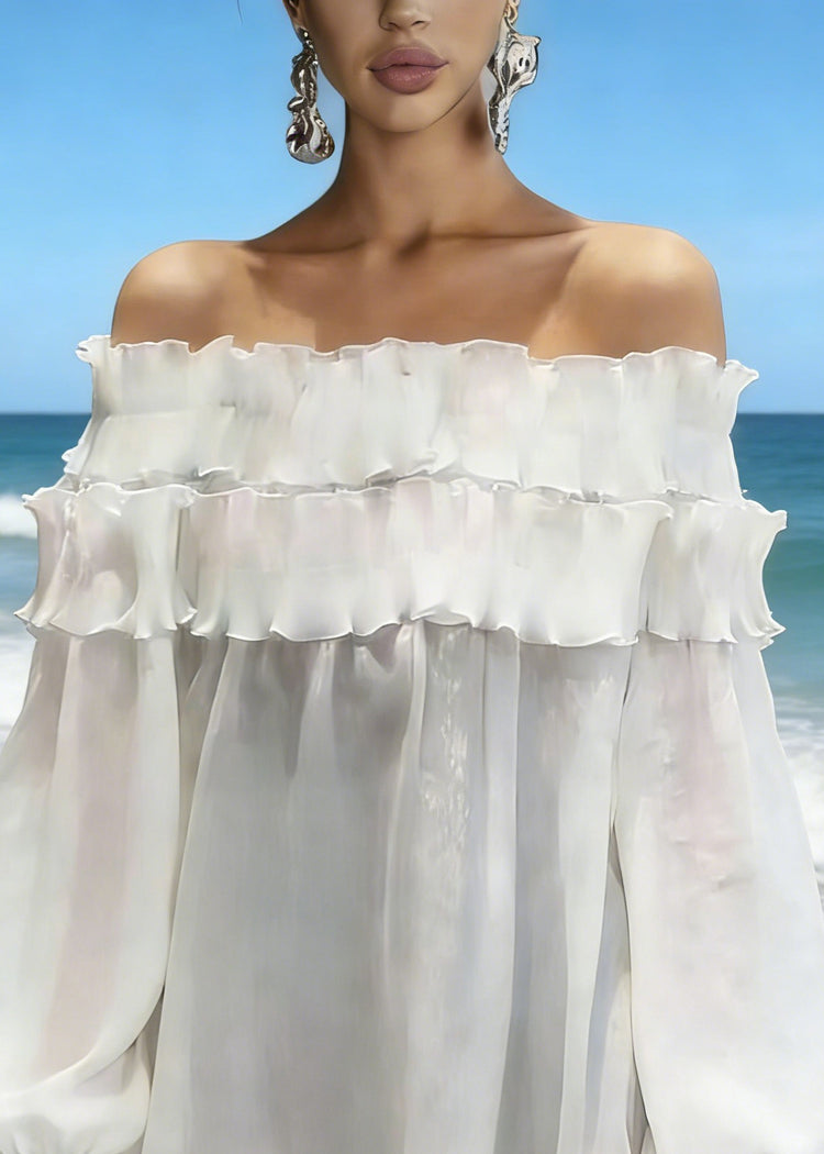 New White Slash Neck Ruffled Solid Chiffon Shirts Spring - Omychic