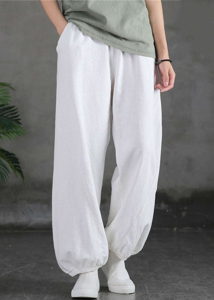 New White Solid Pockets High Waist Cotton Beam Pants