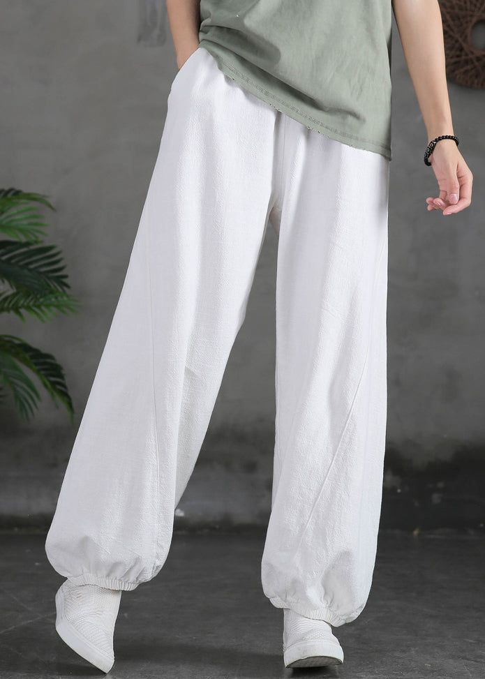 New White Solid Pockets High Waist Cotton Beam Pants