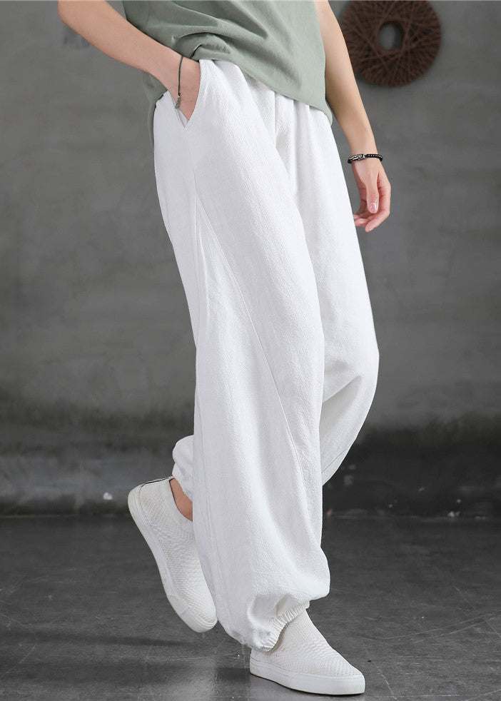 New White Solid Pockets High Waist Cotton Beam Pants