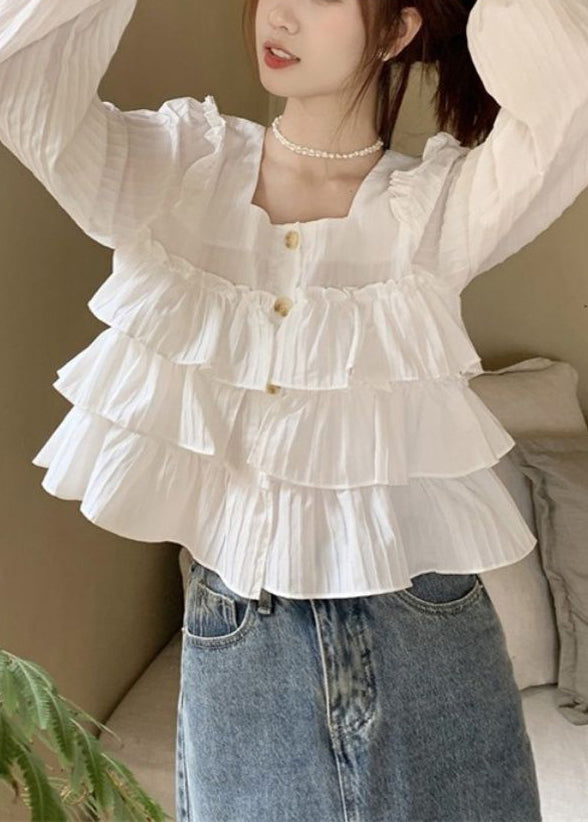 New White Square Collar Ruffled Cotton Shirts Fall