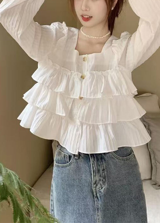 New White Square Collar Ruffled Cotton Shirts Fall