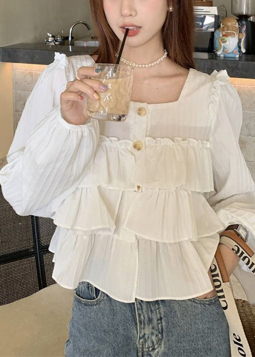 New White Square Collar Ruffled Cotton Shirts Fall