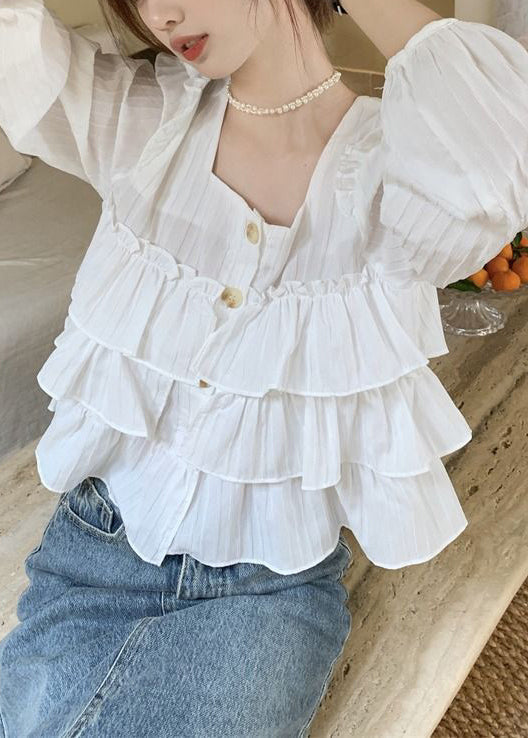 New White Square Collar Ruffled Cotton Shirts Fall