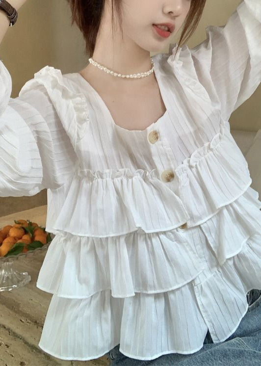 New White Square Collar Ruffled Cotton Shirts Fall