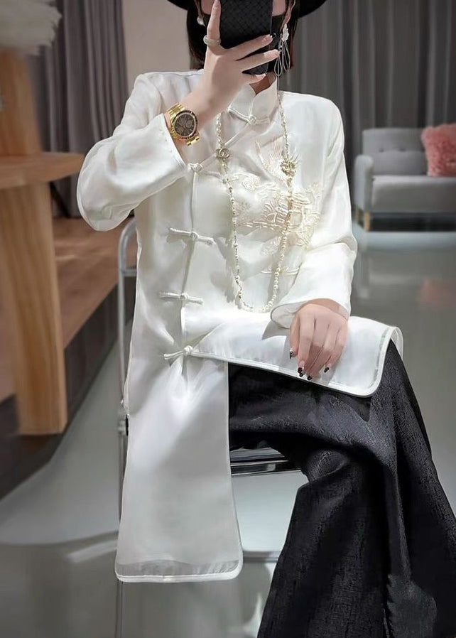 New White Stand Collar Embroidered Button Silk Shirt Long Sleeve