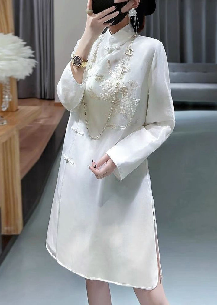 New White Stand Collar Embroidered Button Silk Shirt Long Sleeve