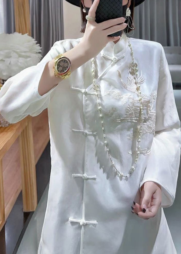 New White Stand Collar Embroidered Button Silk Shirt Long Sleeve
