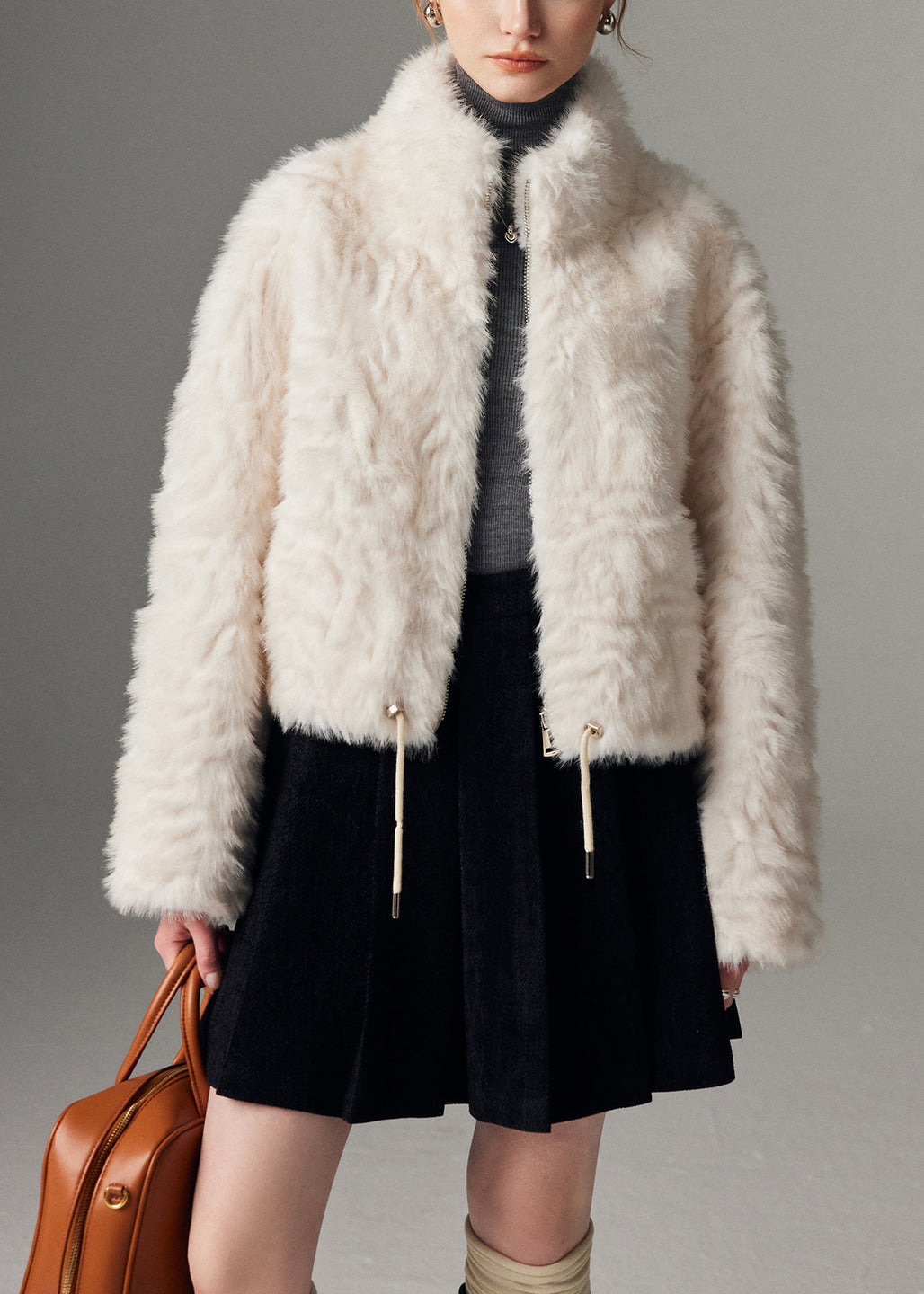 New White Stand Collar Leather Zippered Cinched And Fur Coats Winte