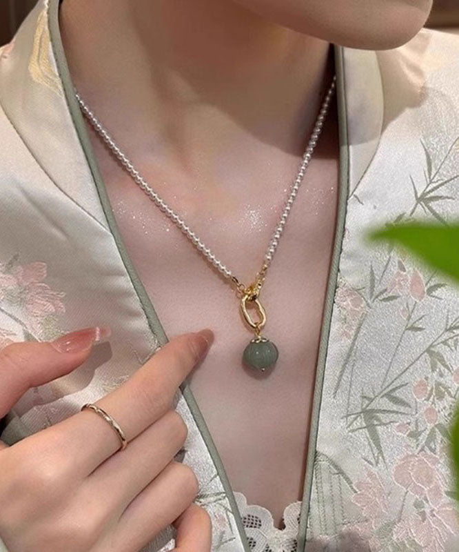 New White Sterling Silver Overgild Jade Pearl Pendant Necklace