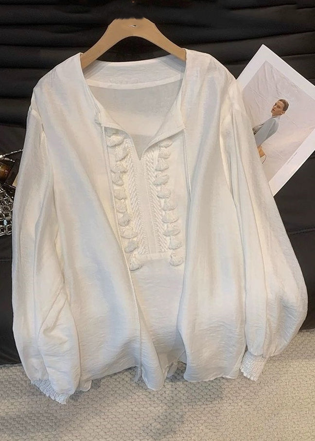 New White Tasseled Lace Up Cotton Shirt Tops Fall