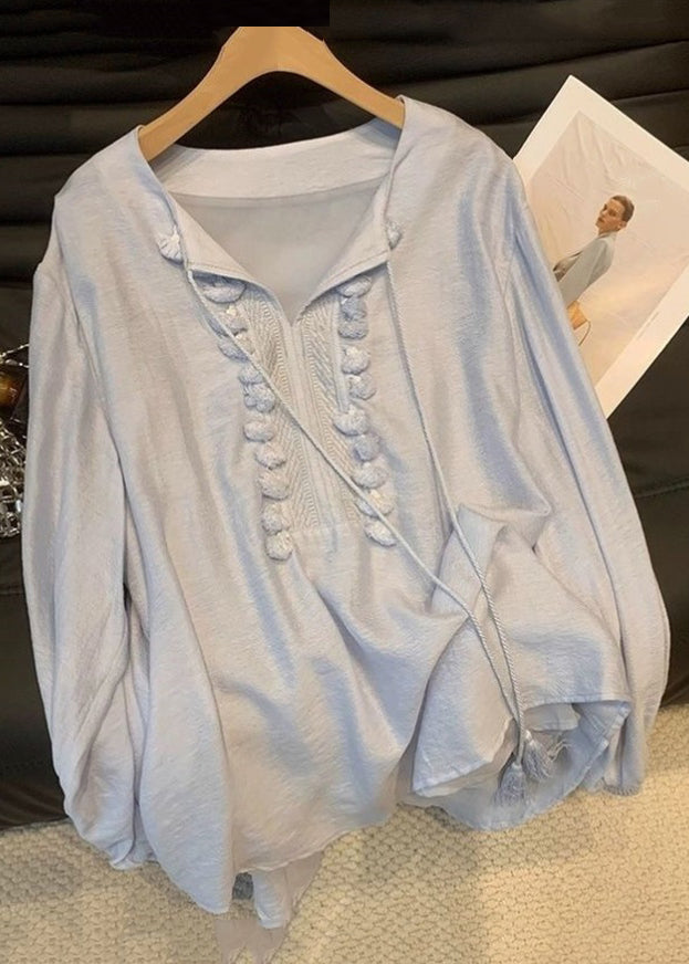 New White Tasseled Lace Up Cotton Shirt Tops Fall