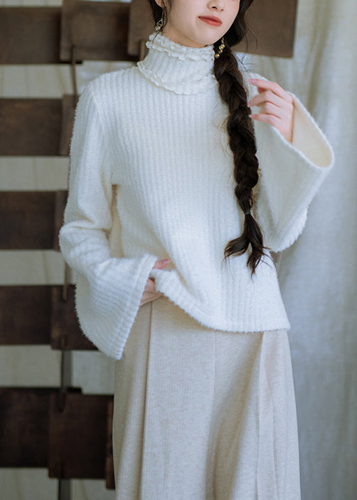 New White Turtleneck Ruffled Knit Sweater Tops Flare Sleeve