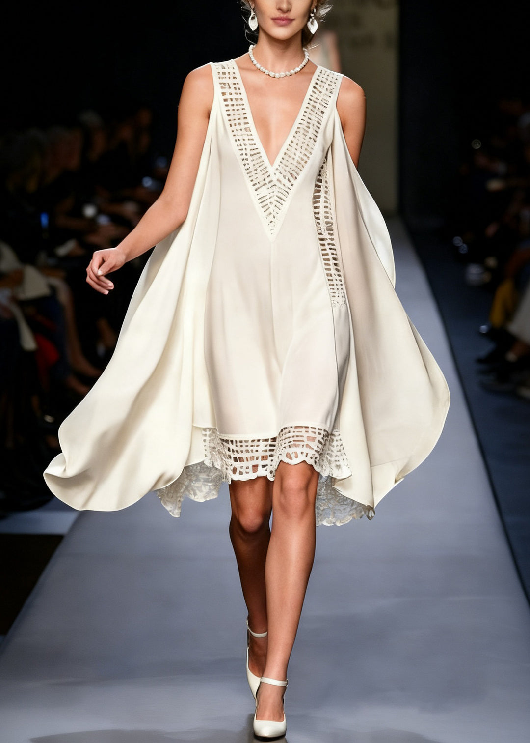 New White V Neck Hollow Out Chiffon Dress Sleeveless