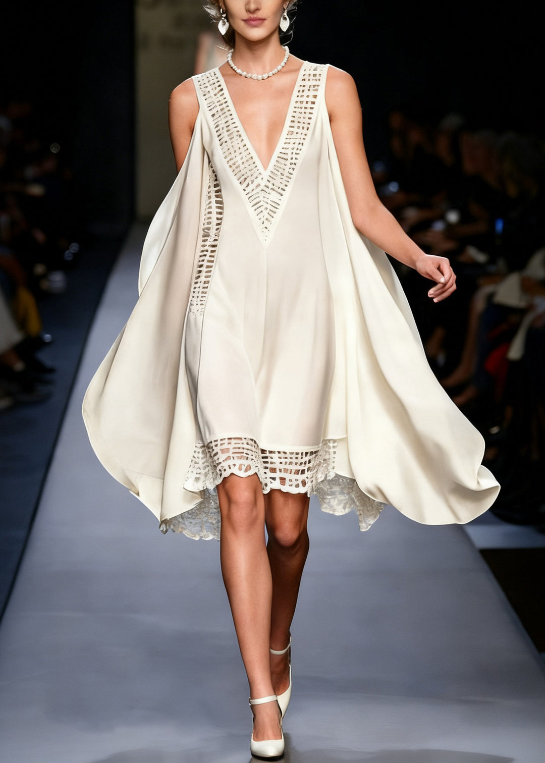 New White V Neck Hollow Out Chiffon Dress Sleeveless