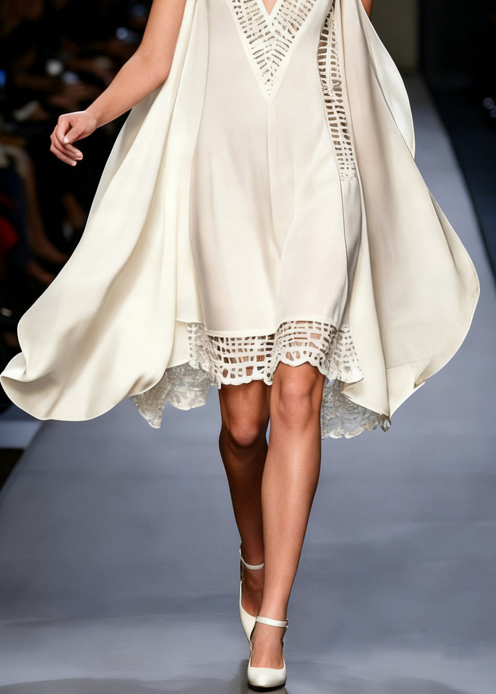 New White V Neck Hollow Out Chiffon Dress Sleeveless