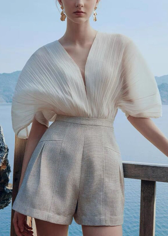 New White V Neck Lace Up Patchwork Cotton Jumpsuit Batwing Sleeve