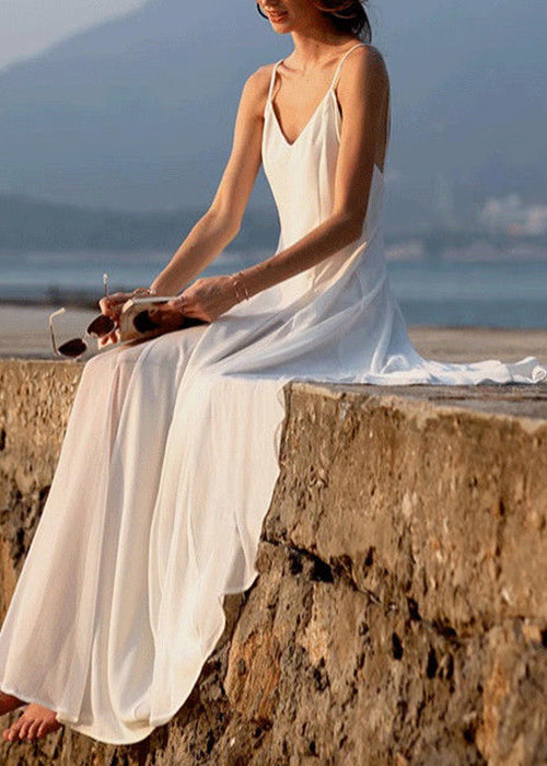 New White V Neck Solid Chiffon Spaghetti Strap Dress Sleeveless