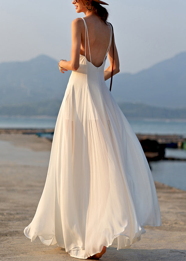 New White V Neck Solid Chiffon Spaghetti Strap Dress Sleeveless